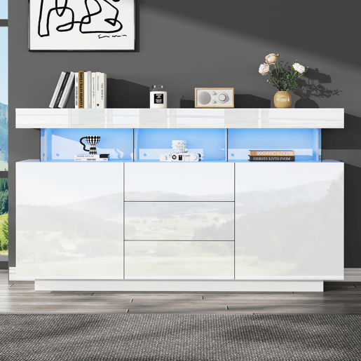 Aparador moderno 140x35x80 cm - Aparador de alto brilho, barra de café, acrílico com luz LED multicolorida - Branco