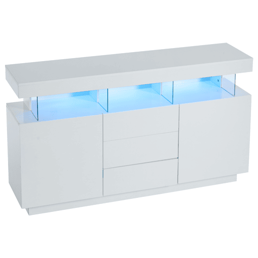 Aparador moderno 140x35x80 cm - Aparador de alto brilho, barra de café, acrílico com luz LED multicolorida - Branco