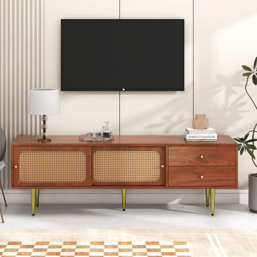 Móvel de TV 160x40x60 cm - Estilo moderno com portas de correr em rattan e gavetas - Nogueira e rattan escuro