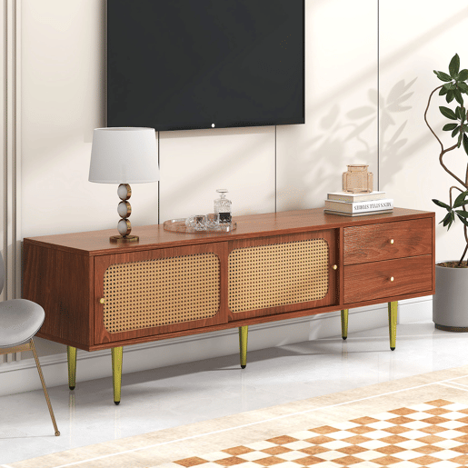 Móvel de TV 160x40x60 cm - Estilo moderno com portas de correr em rattan e gavetas - Nogueira e rattan escuro