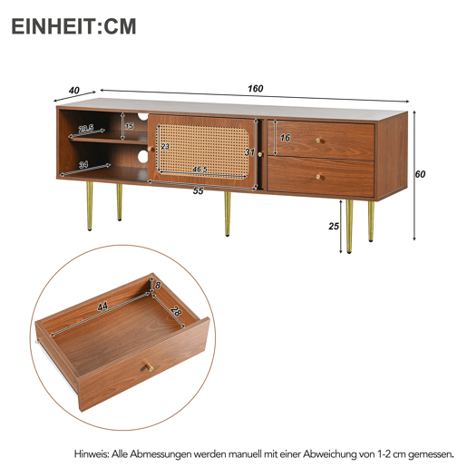 Móvel de TV 160x40x60 cm - Estilo moderno com portas de correr em rattan e gavetas - Nogueira e rattan escuro