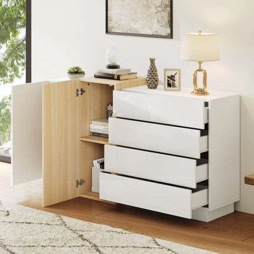 Aparador branco alto brilho - Armário moderno para sala de jantar com arrumação - Cor madeira