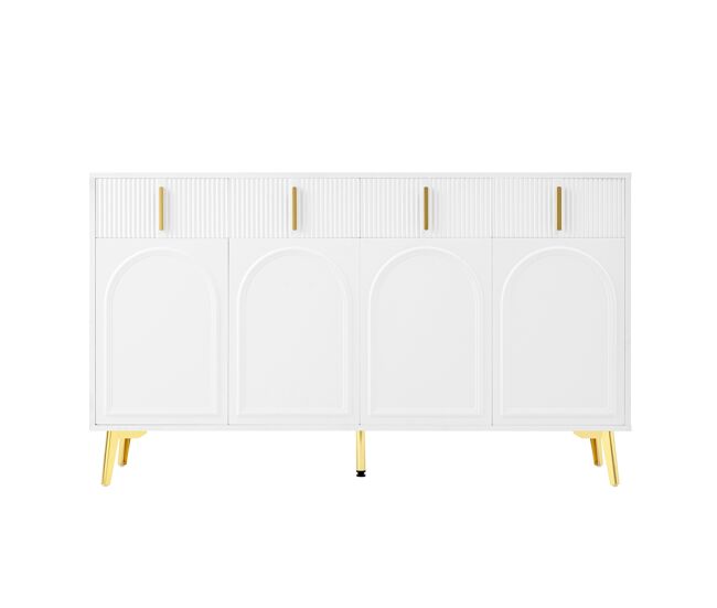 Aparador 140x37,8x82 cm - 4 puertas, 4 cajones, con laminado extraíble y patas doradas - blanco