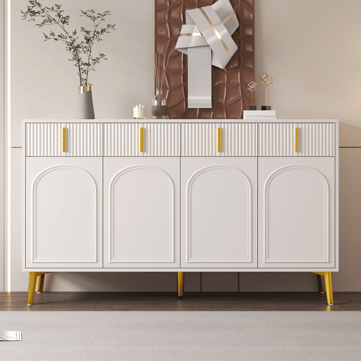 Aparador 140x37,8x82 cm - 4 portas, 4 gavetas, com laminado removível e pés dourados - Branco