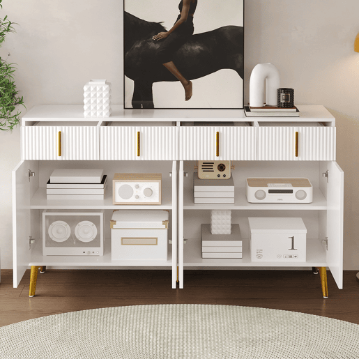 Aparador 140x37,8x82 cm - 4 portas, 4 gavetas, com laminado removível e pés dourados - Branco