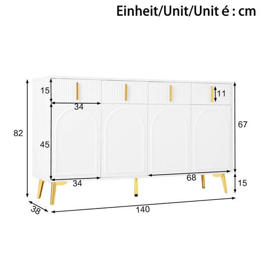 Aparador 140x37,8x82 cm - 4 portas, 4 gavetas, com laminado removível e pés dourados - Branco