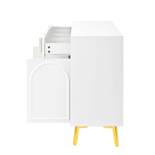 Aparador 140x37,8x82 cm - 4 portas, 4 gavetas, com laminado removível e pés dourados - Branco