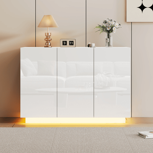 Aparador 120x40x75 cm - Aberto e fechado, com luz LED na base - Branco