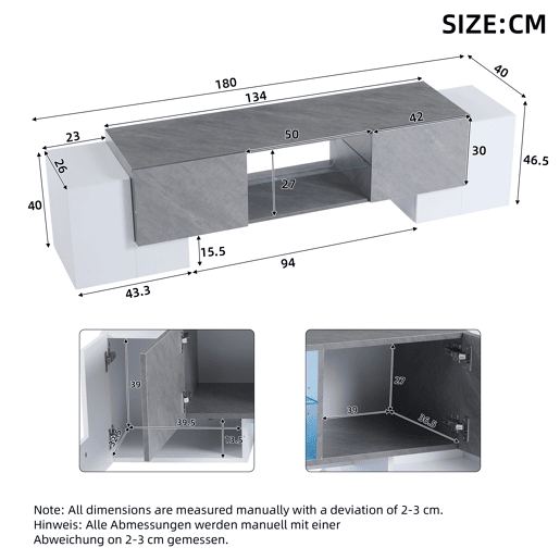 Móvel para TV 180x40x46,5 cm - TV Schrank com Bluetooth-LED, Lowboard para televisores de 606570 polegadas - Branco e cinzento Móvel para TV 180x40x46,5 cm - TV Schrank com Bluetooth-LED, Lowboard para televisores de 606570 polegadas - Branco e cinzento