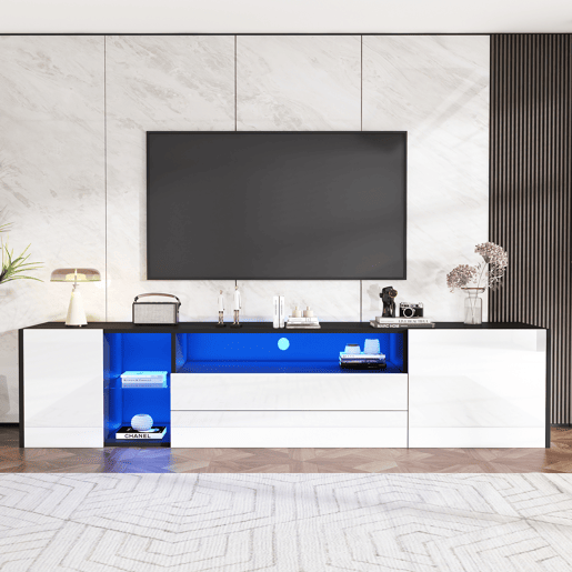 Móvel de TV 180x40x45 cm - TV Lowboard com LED, 2 gavetas e 2 armários - Branco e Preto