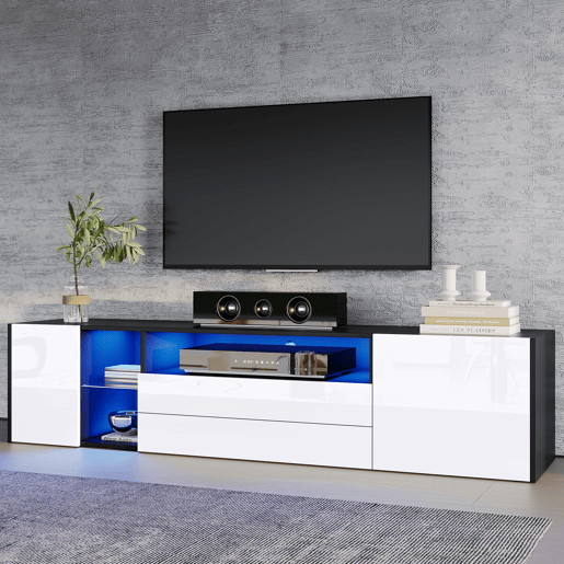 Móvel de TV 180x40x45 cm - TV Lowboard com LED, 2 gavetas e 2 armários - Branco e Preto