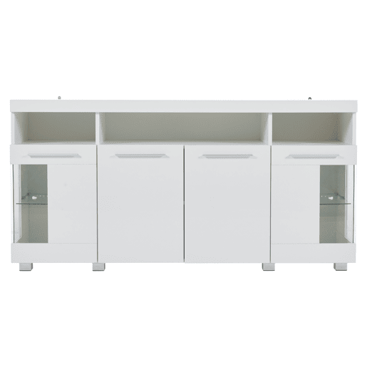 Mesa auxiliar 140x40x70cm - Aparador brilhante com luzes LED, 3 compartimentos, vidro temperado - Branco