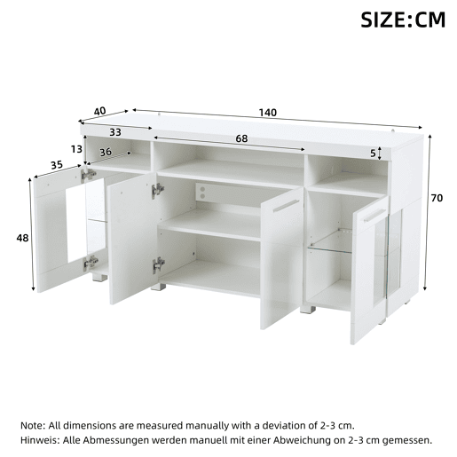 Mesa auxiliar 140x40x70cm - Aparador brilhante com luzes LED, 3 compartimentos, vidro temperado - Branco