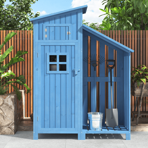 Casinha de jardim 124x46x174 cm - Armário de jardim, madeira, para espaços pequenos - Azul