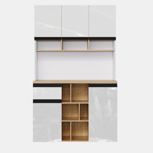 Armário de cozinha 105×45×185 cm - Buffet, aparador, portas lacadas, puxadores metálicos, prateleiras ajustáveis, gavetas, arrumação aberta, proteção contra tombamento - Branco
