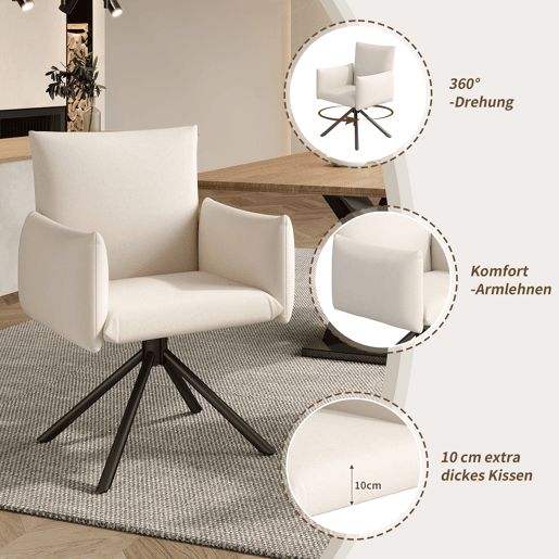 Cadeira de jantar 2er Set - Cadeira almofadada com 4 pernas metálicas, giratória 360°, com apoio lombar - Bege