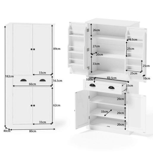 Armário de arrumação 182 cm - 4 portas, 1 gaveta, 2 portas com prateleiras, 6 compartimentos, 4 prateleiras ajustáveis - Branco