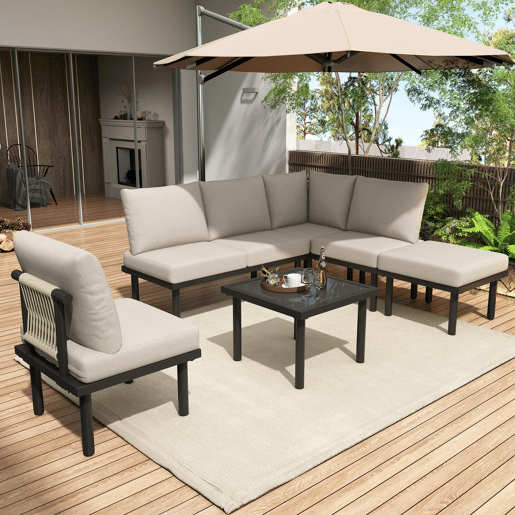 Conjunto de cadeiras de jardim 6 peças - Estrutura em ferro galvanizado, almofadas incluídas, corda trançada bege - Bege