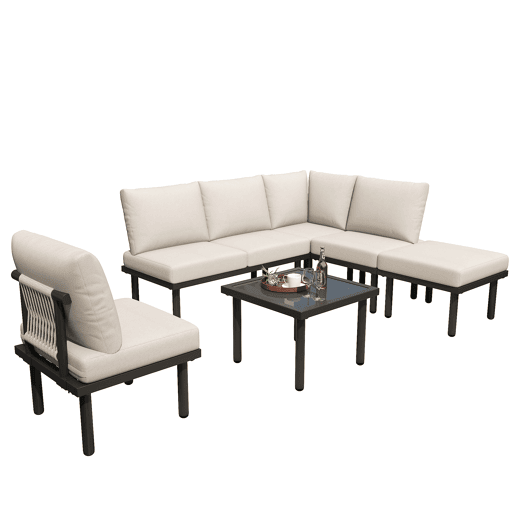 Conjunto de cadeiras de jardim 6 peças - Estrutura em ferro galvanizado, almofadas incluídas, corda trançada bege - Bege