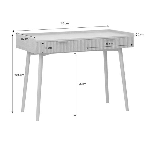 Mesa efeito madeira de mangueira com sulcos 2 gavetas, Celian, Manguier, 110x55x79.5 cm