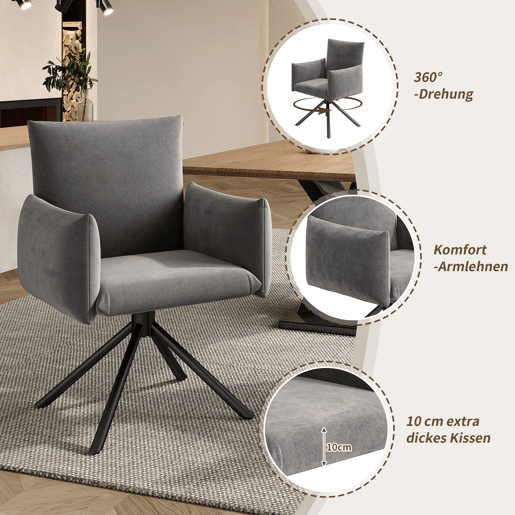 Cadeira de jantar 2er Set - Cadeira giratória 360° com apoio lombar - Cinza