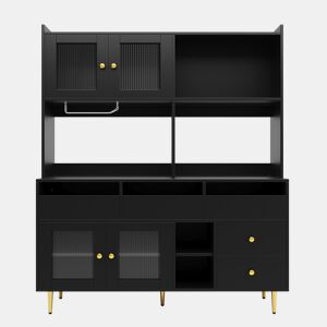 Armário de sala de jantar 145x39x171 cm - portas de vidro perfurado, prateleira para copos de vinho, armazenamento em várias camadas - preto com detalhes dourados