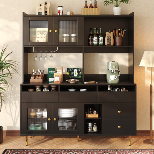 Armário de sala de jantar 145x39x171 cm - portas de vidro perfurado, prateleira para copos de vinho, armazenamento em várias camadas - preto com detalhes dourados