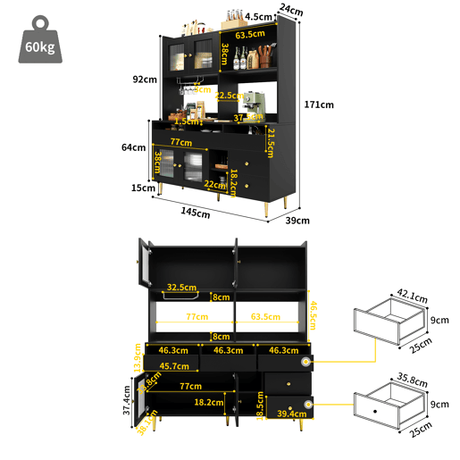 Armário de sala de jantar 145x39x171 cm - portas de vidro perfurado, prateleira para copos de vinho, armazenamento em várias camadas - preto com detalhes dourados