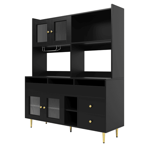 Armário de sala de jantar 145x39x171 cm - portas de vidro perfurado, prateleira para copos de vinho, armazenamento em várias camadas - preto com detalhes dourados