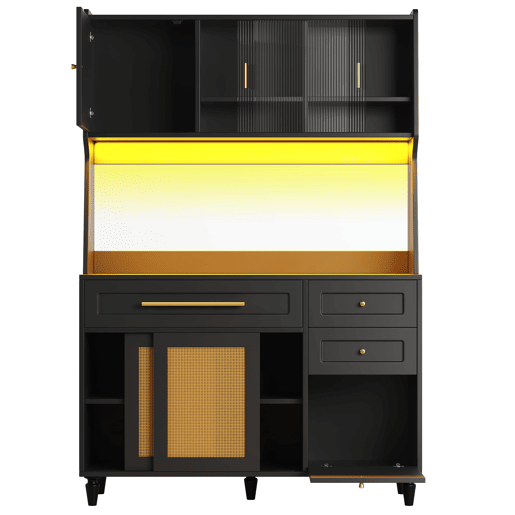 Armário de cozinha - Com 3 gavetas - Com prateleiras ajustáveis e LED - Rattan PE - Preto Armário de cozinha - Com 3 gavetas - Com prateleiras ajustáveis e LED - Rattan PE - Preto