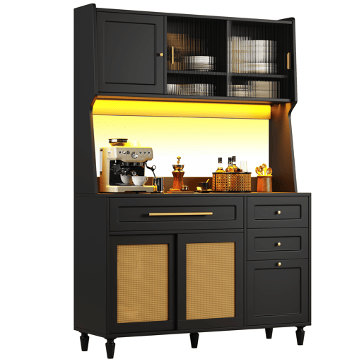 Armário de cozinha - Com 3 gavetas - Com prateleiras ajustáveis e LED - Rattan PE - Preto Armário de cozinha - Com 3 gavetas - Com prateleiras ajustáveis e LED - Rattan PE - Preto