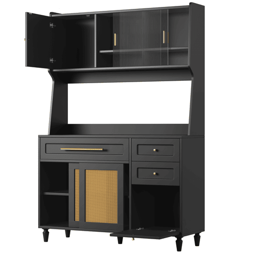 Armário de cozinha - Com 3 gavetas - Com prateleiras ajustáveis e LED - Rattan PE - Preto Armário de cozinha - Com 3 gavetas - Com prateleiras ajustáveis e LED - Rattan PE - Preto