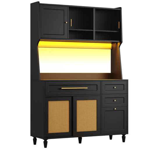 Armário de cozinha - Com 3 gavetas - Com prateleiras ajustáveis e LED - Rattan PE - Preto Armário de cozinha - Com 3 gavetas - Com prateleiras ajustáveis e LED - Rattan PE - Preto