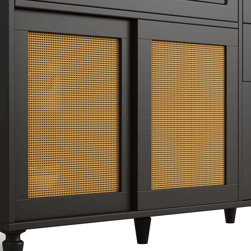 Armário de cozinha - Com 3 gavetas - Com prateleiras ajustáveis e LED - Rattan PE - Preto Armário de cozinha - Com 3 gavetas - Com prateleiras ajustáveis e LED - Rattan PE - Preto