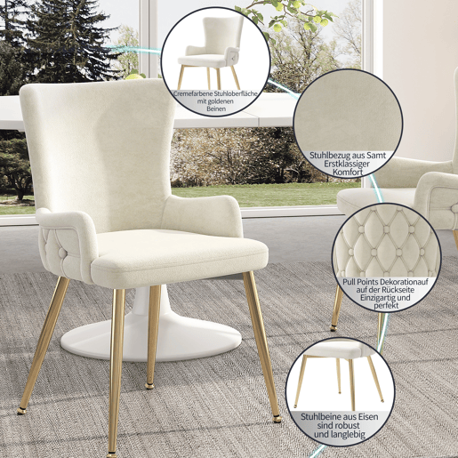 Cadeira de jantar em veludo 2er Set - luxuosa poltrona para sala de estar e quarto com pernas metálicas douradas - Bege