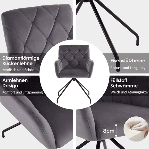 Conjunto de 2 cadeiras de jantar - Cadeira de sala moderna com apoio lombar, 4 pernas metálicas, design em losangos - Cinza