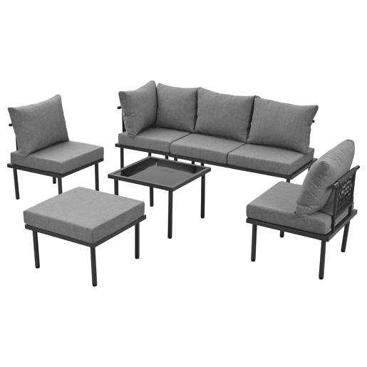 Conjunto de móveis de jardim de 6 peças - Estrutura em ferro galvanizado, sofá em corda cinzenta, mesa com tampo em vidro liso, almofadas incluídas - Cinza