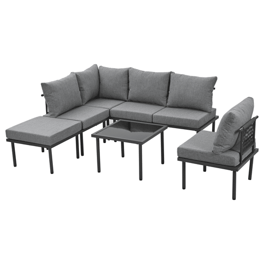 Conjunto de móveis de jardim de 6 peças - Estrutura em ferro galvanizado, sofá em corda cinzenta, mesa com tampo em vidro liso, almofadas incluídas - Cinza