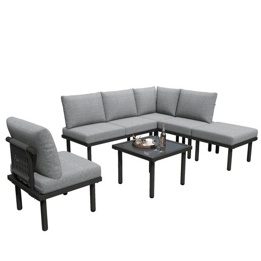 Conjunto de móveis de jardim de 6 peças - Estrutura em ferro galvanizado, sofá em corda cinzenta, mesa com tampo em vidro liso, almofadas incluídas - Cinza