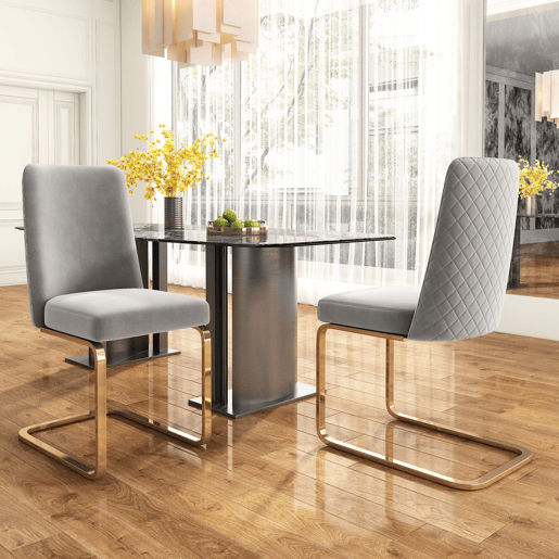 Cadeira de jantar Samt 2 unidades - Design com encosto em diamante, pernas metálicas douradas - Cinza