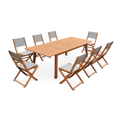 Mesa de jardim extensível em madeira, 8 cadeiras, Almeria, Madeira, 240x100x75 cm