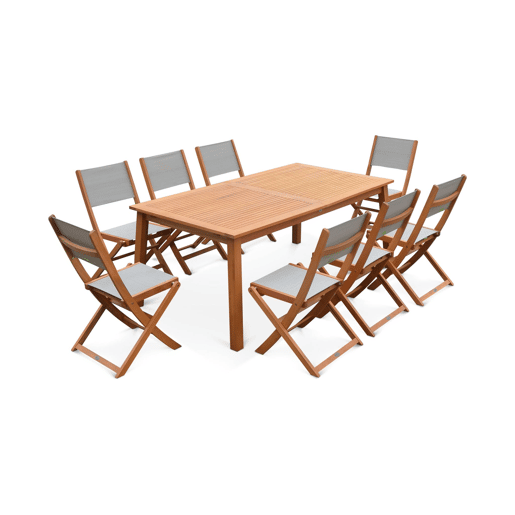 Mesa de jardim extensível em madeira, 8 cadeiras, Almeria, Madeira, 240x100x75 cm