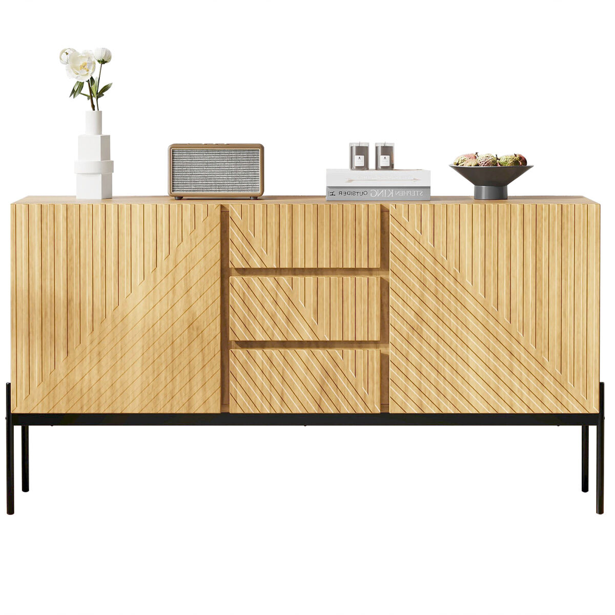 Aparador 140x40x75 cm - 2 puertas, 3 cajones, diseño líneas - natural