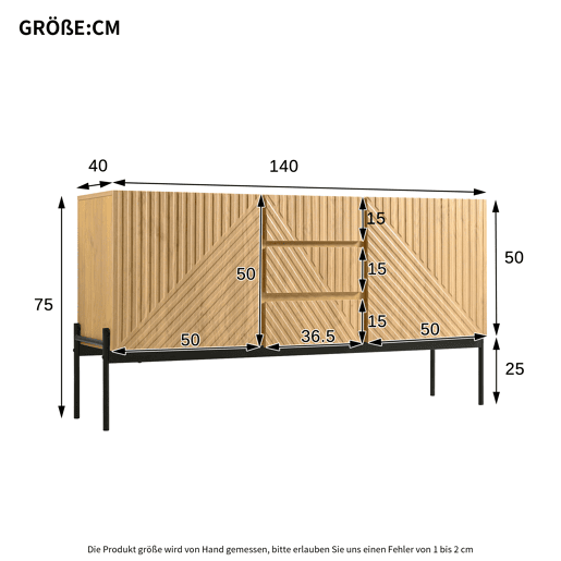 Aparador 140x40x75 cm - 2 portas, 3 gavetas, design com linhas - Natural