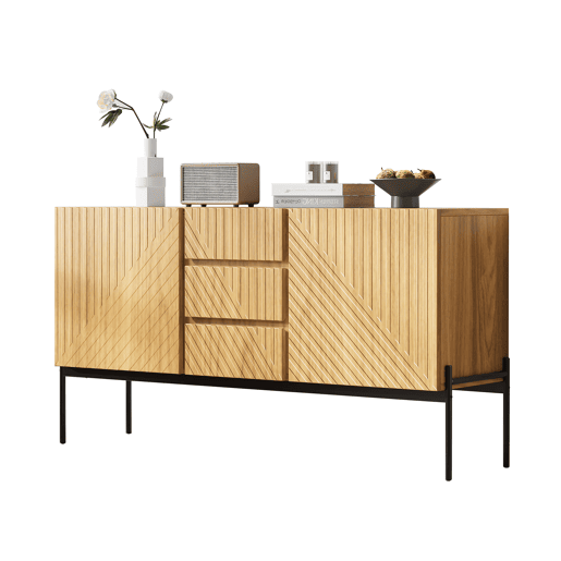 Aparador 140x40x75 cm - 2 portas, 3 gavetas, design com linhas - Natural