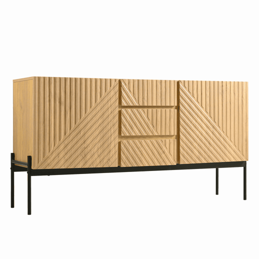 Aparador 140x40x75 cm - 2 portas, 3 gavetas, design com linhas - Natural