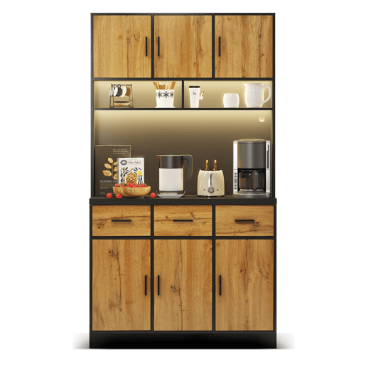 Buffet multifuncional 100x40x180 cm - Com iluminação LED, controlo remoto, gavetas, prateleiras ajustáveis, orifícios para cabos e tomadas - Preto+Natural