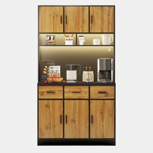Buffet multifuncional 100x40x180 cm - Com iluminação LED, controlo remoto, gavetas, prateleiras ajustáveis, orifícios para cabos e tomadas - Preto+Natural