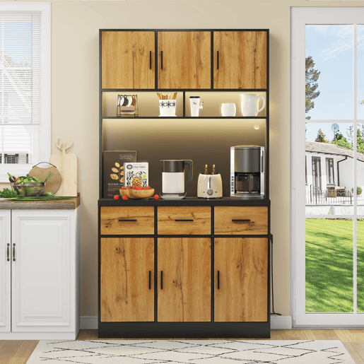 Buffet multifuncional 100x40x180 cm - Com iluminação LED, controlo remoto, gavetas, prateleiras ajustáveis, orifícios para cabos e tomadas - Preto+Natural
