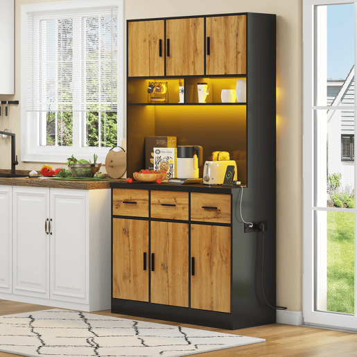 Buffet multifuncional 100x40x180 cm - Com iluminação LED, controlo remoto, gavetas, prateleiras ajustáveis, orifícios para cabos e tomadas - Preto+Natural